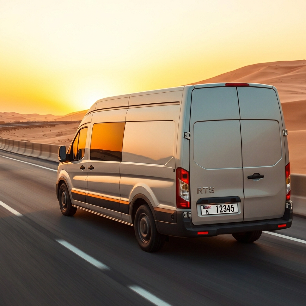 SPEED WORLD delivery van on a UAE highway at sunset