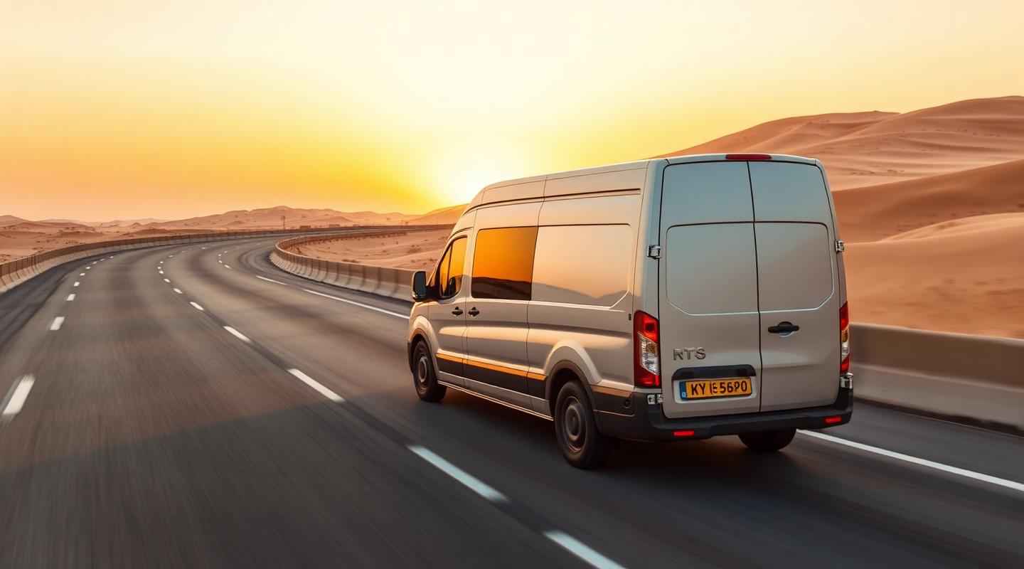 Alam Alsrah delivery van on a UAE highway at sunset